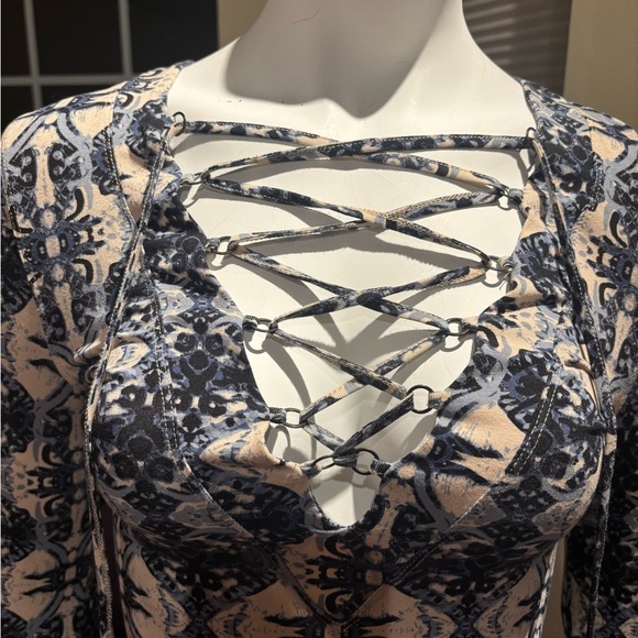 Free People Blue and Cream Lace-Up Blouse - Picture 2 of 4